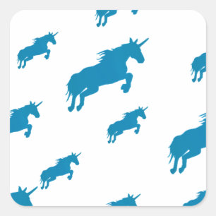 Pegatina Cuadrada fantasía unicornios mágico patrón blanco y azul