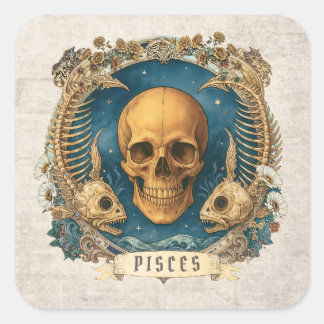 Pegatina Cuadrada Fantasía Vintage Aquarius Zodiac Rótulo Cráneo Úni
