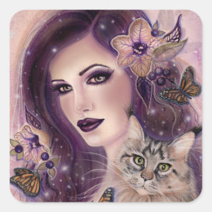 Pegatina Cuadrada Fantasías con gato de Renee Lavoie