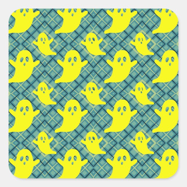 Pegatina Cuadrada Fantasma amarillo brillante en placa Verde azulada (Anverso)