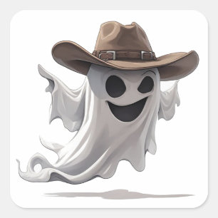 Pegatina Cuadrada Fantasma Amigable con Sombrero de Vaquero 👻