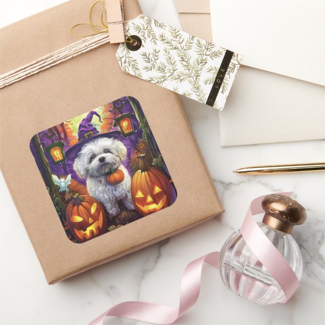 Pegatina Cuadrada Fantasma Bichon Frise Halloween Bruja Y Calabaza (Regalar)
