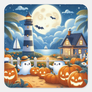 Pegatina Cuadrada Fantasma/calabazas de Halloween de corte nautico/c