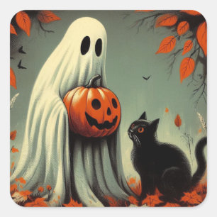 Pegatina Cuadrada Fantasma con Halloween retro de gato negro
