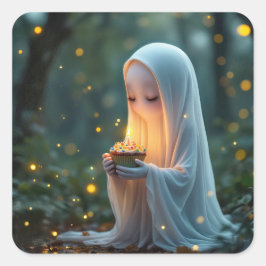 Pegatina Cuadrada Fantasma con un pastel de cumpleaños
