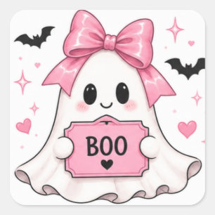 Pegatina Cuadrada Fantasma Coquette de Halloween con lazo rosa