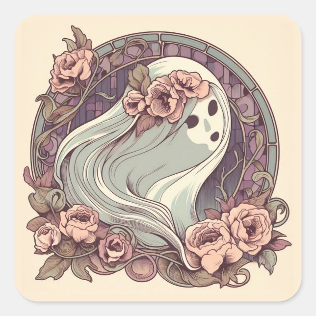 Pegatina Cuadrada Fantasma de Art Nouveau bonito con flores espeluzn (Anverso)