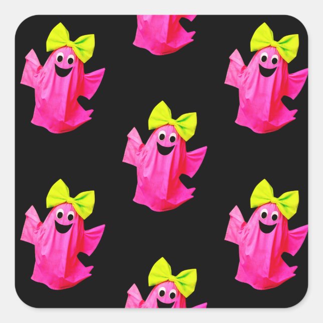 Pegatina Cuadrada Fantasma de chica rosada con arco verde (Anverso)