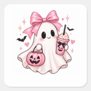 Pegatina Cuadrada Fantasma de Coqueta con Lazo Rosa de Halloween
