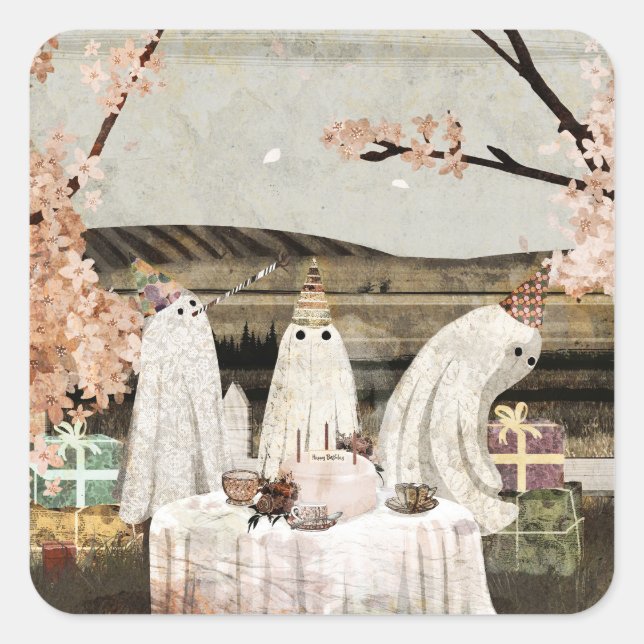 Pegatina Cuadrada Fantasma de cumpleaños (Anverso)