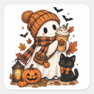 Pegatina Cuadrada Fantasma de Especias de Calabaza Halloween Acogedo