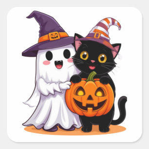Pegatina Cuadrada Fantasma de Halloween con gato de calabaza 👻
