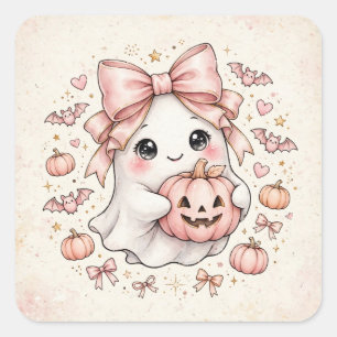 Pegatina Cuadrada Fantasma de Halloween con Lazo Rosa Adorable