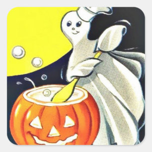 Pegatina Cuadrada Fantasma De Halloween Vintage Con Calabaza