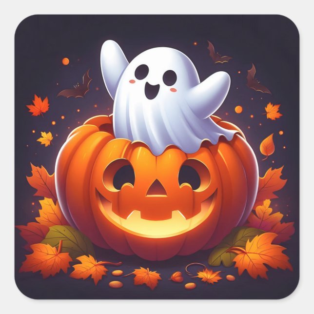 Pegatina Cuadrada Fantasma feliz de Halloween (Anverso)