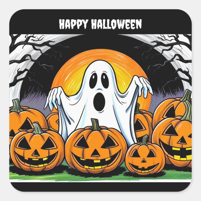 Pegatina Cuadrada Fantasma feliz de Halloween (Anverso)