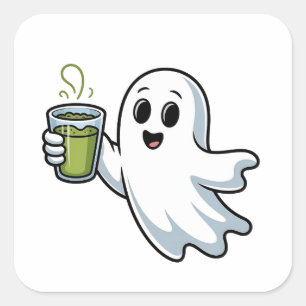 Pegatina Cuadrada Fantasma Halloween Fantasma Holding Matcha