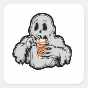Pegatina Cuadrada Fantasma Halloween Fantasma Sippin Calabaza latent