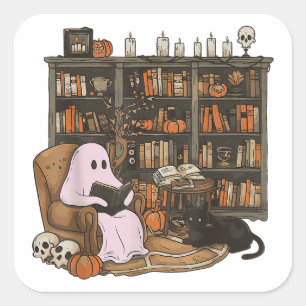 Pegatina Cuadrada Fantasma leyendo libro Amante de los gatos Hallowe