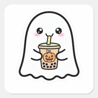 Pegatina Cuadrada Fantasma Lindo Calabaza de Halloween Boba