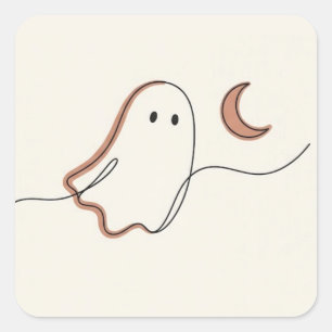 Pegatina Cuadrada Fantasma minimalista y luna creciente de Halloween