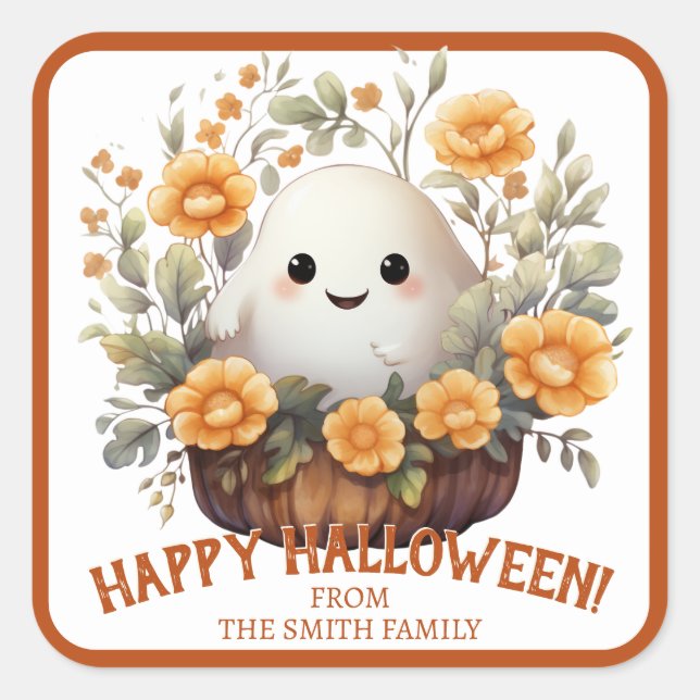 Pegatina Cuadrada Fantasma personalizada de Halloween (Anverso)