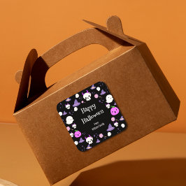 Pegatina Cuadrada Fantasma rosa y morado feliz Halloween