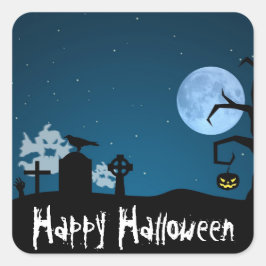 Pegatina Cuadrada Fantasmas de Halloween en el cementerio