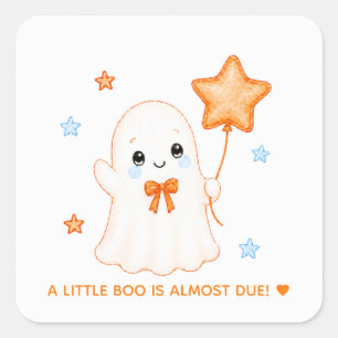 Pegatina Cuadrada Fantasmita Boo Baby Shower de Halloween Naranja