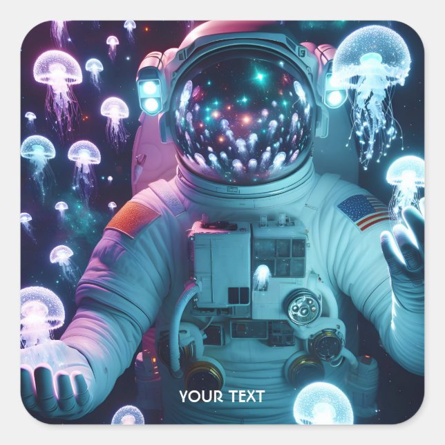Pegatina Cuadrada Fantasy Cute Astronauta Espacio de medusas (Anverso)