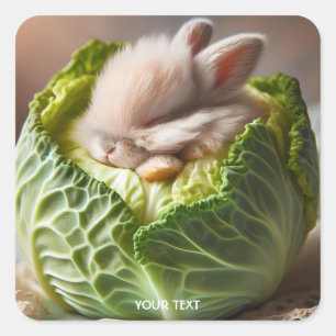 Pegatina Cuadrada Fantasy Cute Baby Bunny Cabbage
