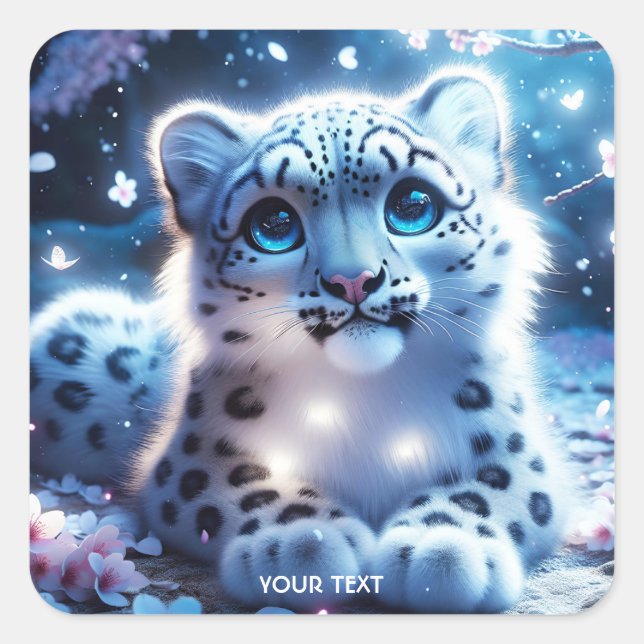 Pegatina Cuadrada Fantasy Cute Baby Snow Leopardo (Anverso)