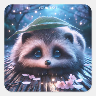 Pegatina Cuadrada Fantasy Cute Baby Tanuki Leaf