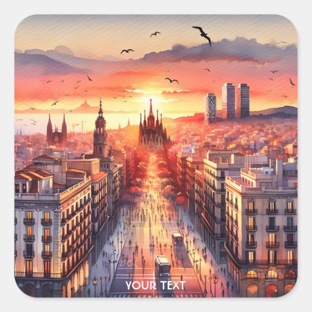 Pegatina Cuadrada Fantasy Cute Barcelona Sunset View (Anverso)
