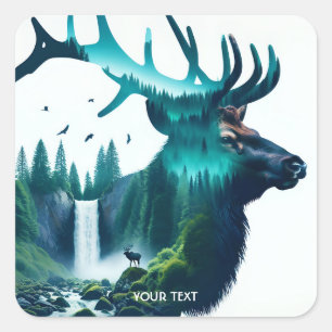 Pegatina Cuadrada Fantasy Cute Big Elk Landscape