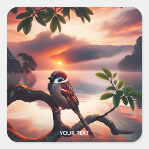 Pegatina Cuadrada Fantasy Cute Bird Branch Lake