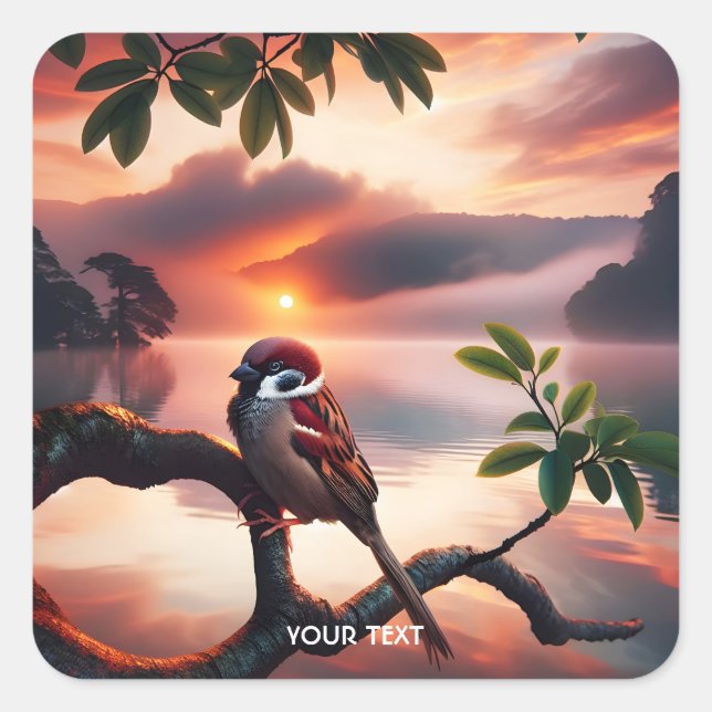 Pegatina Cuadrada Fantasy Cute Bird Branch Lake (Anverso)