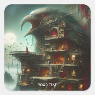 Pegatina Cuadrada Fantasy Cute Bird House Library
