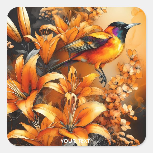 Pegatina Cuadrada Fantasy Cute Bird Naranja Lilies (Anverso)