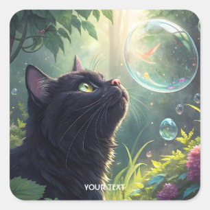 Pegatina Cuadrada Fantasy Cute Black Cat Forest