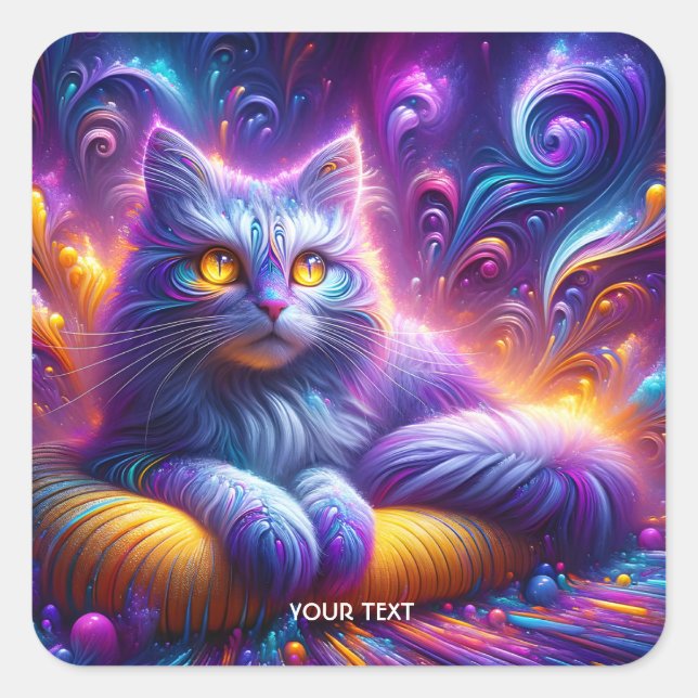 Pegatina Cuadrada Fantasy Cute Blue Purple Cat (Anverso)