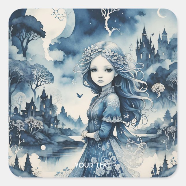 Pegatina Cuadrada Fantasy Cute Blue Tones Landscape (Anverso)