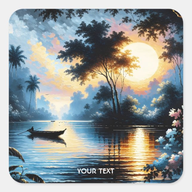 Pegatina Cuadrada Fantasy Cute Bote Sunset Lake (Anverso)