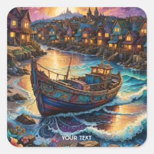 Pegatina Cuadrada Fantasy Cute Bote Village Sunset