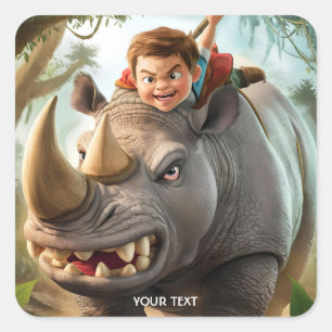 Pegatina Cuadrada Fantasy Cute Boy Rhino Jungle