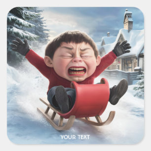 Pegatina Cuadrada Fantasy Cute Boy Sledge Snow Snow