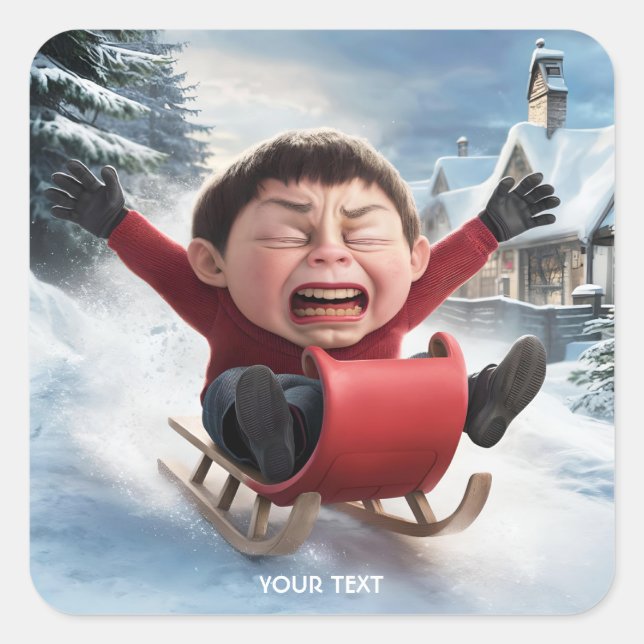 Pegatina Cuadrada Fantasy Cute Boy Sledge Snow Snow (Anverso)