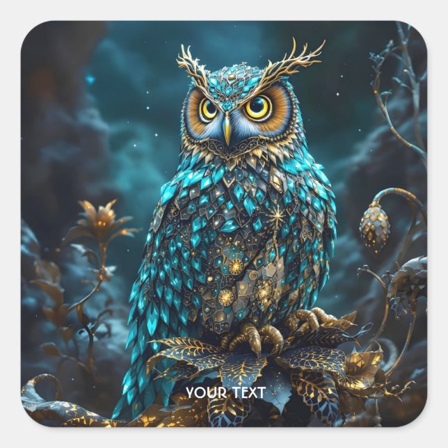 Pegatina Cuadrada Fantasy Cute Brass Turquoise Owl (Anverso)