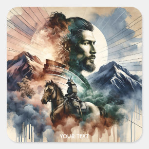 Pegatina Cuadrada Fantasy Cute Brave Handsome Handsome Samurai