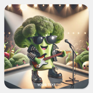 Pegatina Cuadrada Fantasy Cute Broccoli tocando guitarra